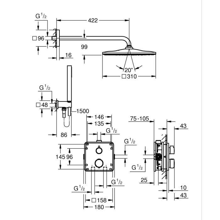 Built-in shower set - 1 jet - Thermostatic mixer - GROHE - 34881000 - Grey