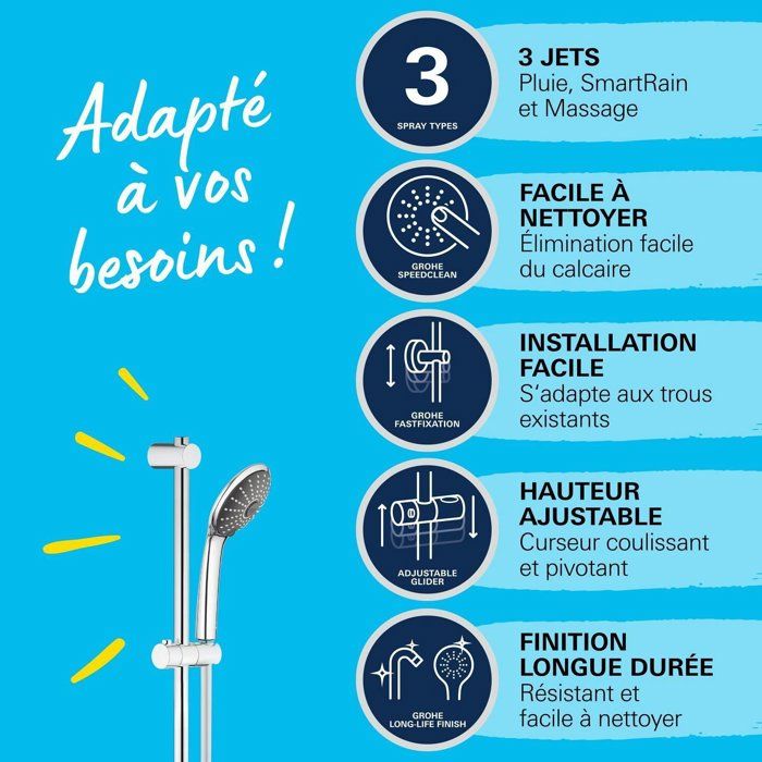 Grohe Vitalio Joy0 shower set, Vitalio Joy 3 Jets shower head, 600mm bar, hose flexible 1750mm, 27333000