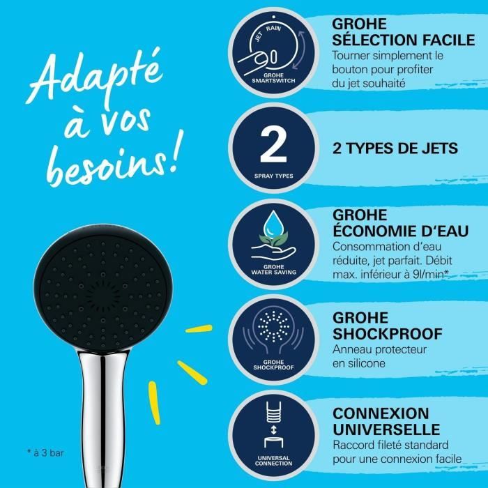 Shower head - GROHE Vitalio Start 110 27946001 - 2 jets (Rain/Stimulating) - Water saving - Anti-limescale process - Chrome