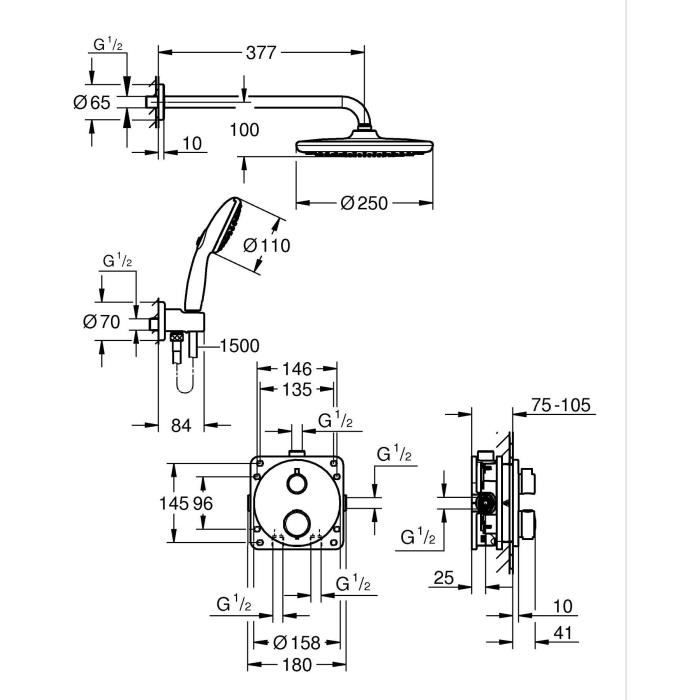 Built-in shower set - 1 + 2 jets - Thermostatic mixer - GROHE - 348832430 - Black
