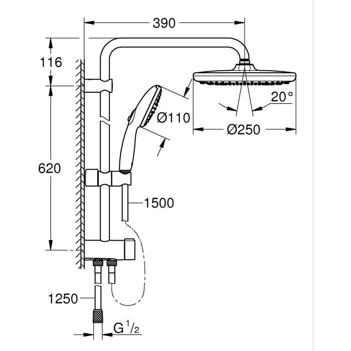Shower column with manual diverter - Water saving - GROHE Vitalio Start System 250 - Matt black - 266802431