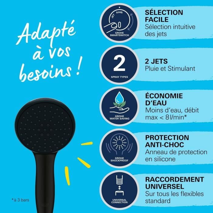 Shower head - GROHE Vitalio Start 110 279462431 - 2 jets (Rain/Stimulating) - Water saving - Anti-limescale process - Matt black