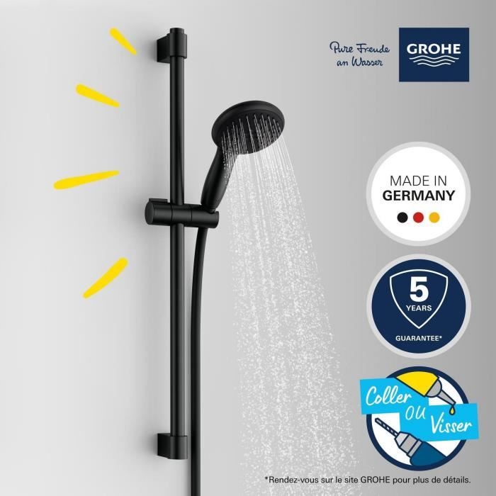 Shower set with 2 jets shower head, 60cm bar and 1.75m flexible hose - GROHE Vitalio Start 110 279482431 - Water saving - Matt Black