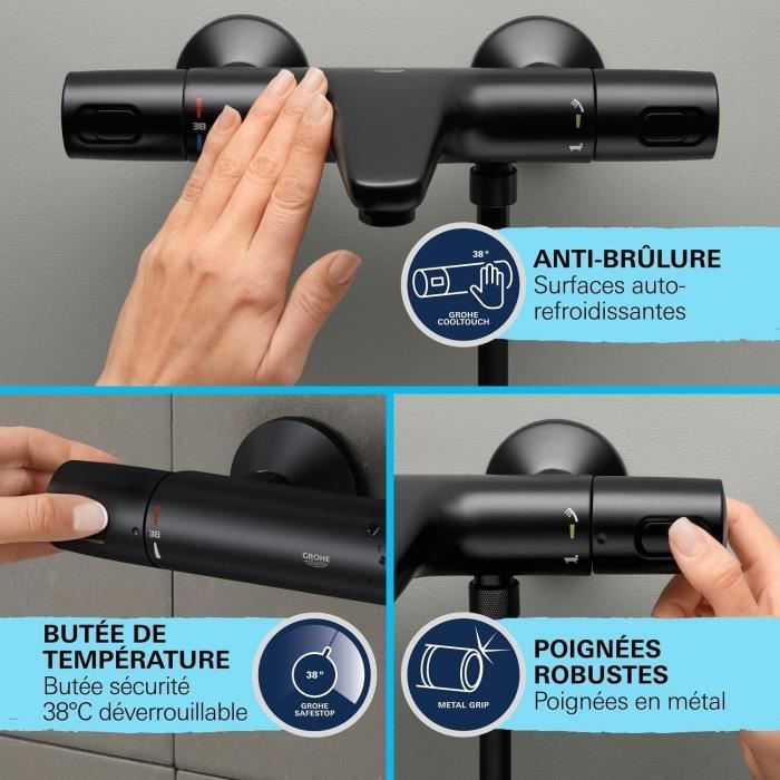Thermostatic bath/shower mixer - GROHE Precision Trend - 1022162432 - Matt black - Exposed wall mounting - Water saving
