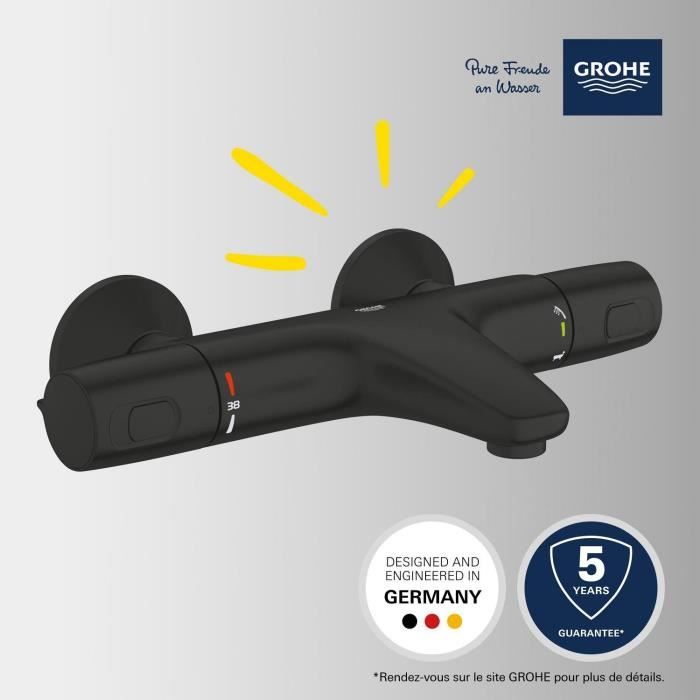 Thermostatic bath/shower mixer - GROHE Precision Trend - 1022162432 - Matt black - Exposed wall mounting - Water saving