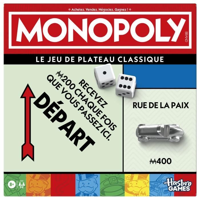 Classic Monopoly, board game, with storage box and large pawns, 2 to 6 players, FR version, from 8 years old,
