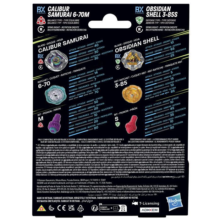 Beyblade X Dual Pack Calibur Samurai 6-70M BX et Obsidian Shell 3-85S BX, 2 toupies de combat Takara Tomy a rotation droite, des 8 a