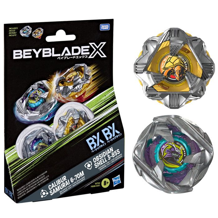 Beyblade X Dual Pack Calibur Samurai 6-70M BX et Obsidian Shell 3-85S BX, 2 toupies de combat Takara Tomy a rotation droite, des 8 a