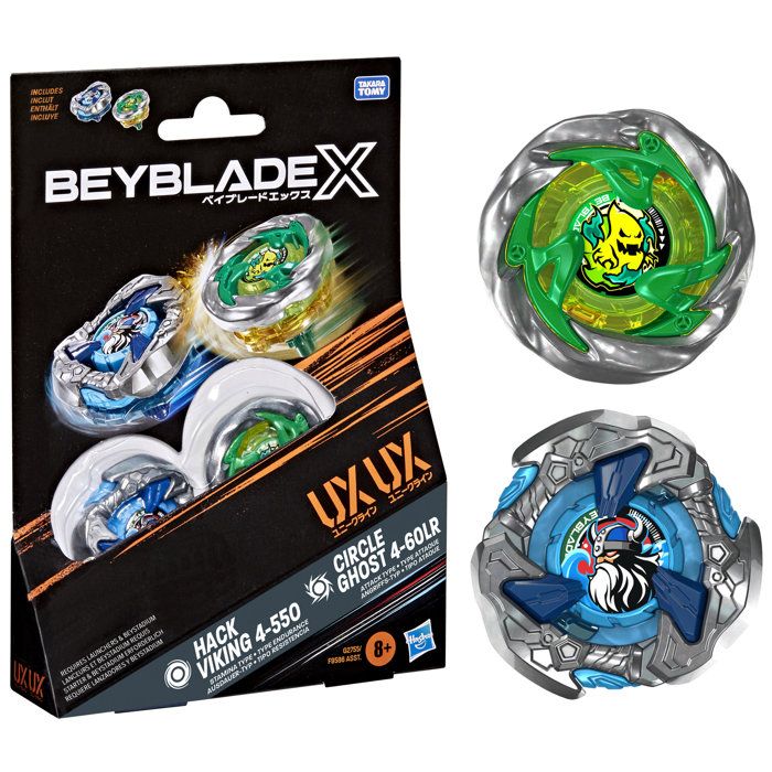 Beyblade X Dual Pack Circle Ghost 4-60LR UX et Hack Viking 4-55O UX, 2 toupies de combat Takara Tomy a rotation droite, des 8 ans