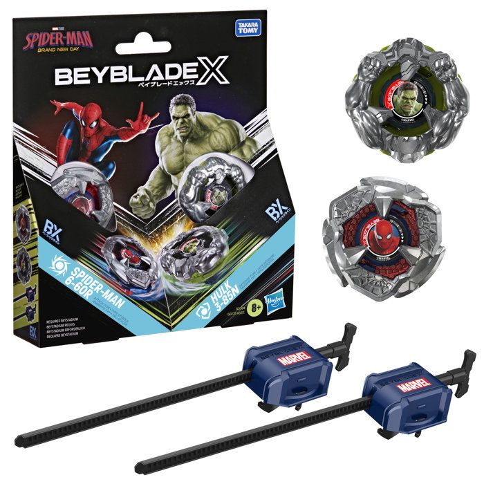 Beyblade X and Marvel, Spider-Man 6-60R vs. Hulk 3-85N, 2 Takara Tomy competition Beyblades, 2 launchers, for ages 8 and up