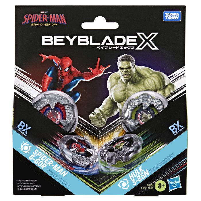 Beyblade X and Marvel, Spider-Man 6-60R vs. Hulk 3-85N, 2 Takara Tomy competition Beyblades, 2 launchers, for ages 8 and up