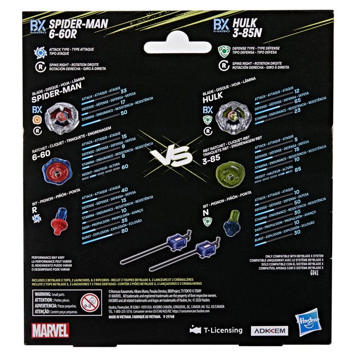 Beyblade X and Marvel, Spider-Man 6-60R vs. Hulk 3-85N, 2 Takara Tomy competition Beyblades, 2 launchers, for ages 8 and up