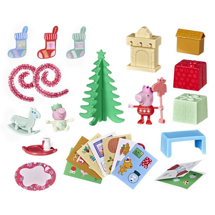 Peppa Pig Peppa and Evie Advent Calendar, festive countdown with 24 surprises, includes 2 figurines, preschool toys