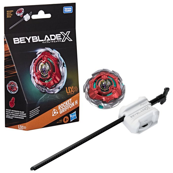 Beyblade X Starter Pack Rocket Griffon H UX Infinity, Takara Tomy balance-type spinning top and launcher, competition spinning tops, set of 8