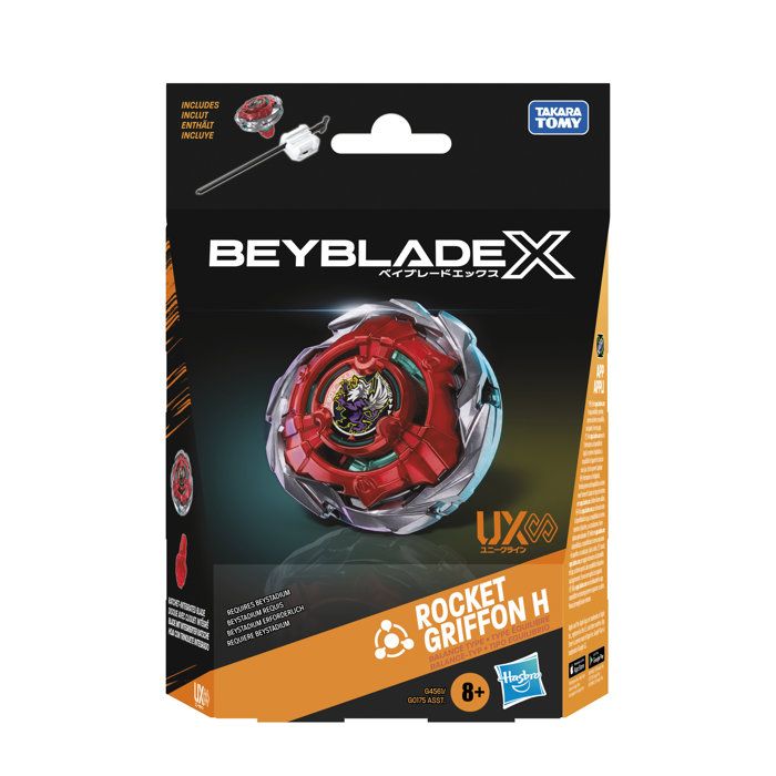 Beyblade X Starter Pack Rocket Griffon H UX Infinity, Takara Tomy balance-type spinning top and launcher, competition spinning tops, set of 8