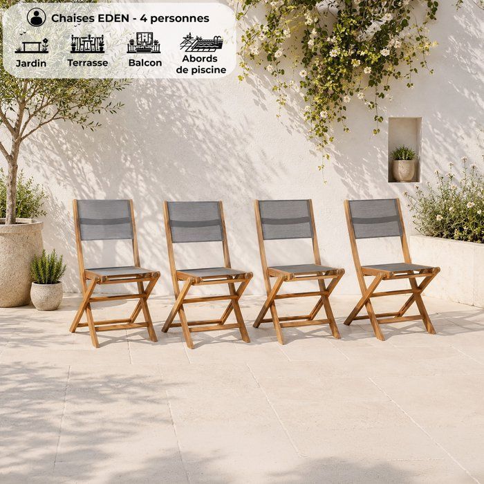 Set of 4 FSC acacia wood garden chairs and textilene seat - 50 x 57 x 90 cm - Gray