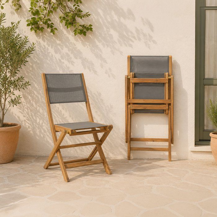 Set of 2 FSC and textilene acacia wood chairs - Gray