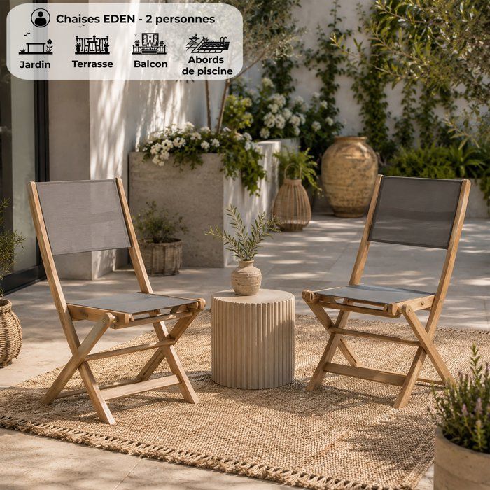 Set of 2 FSC and textilene acacia wood chairs - Gray