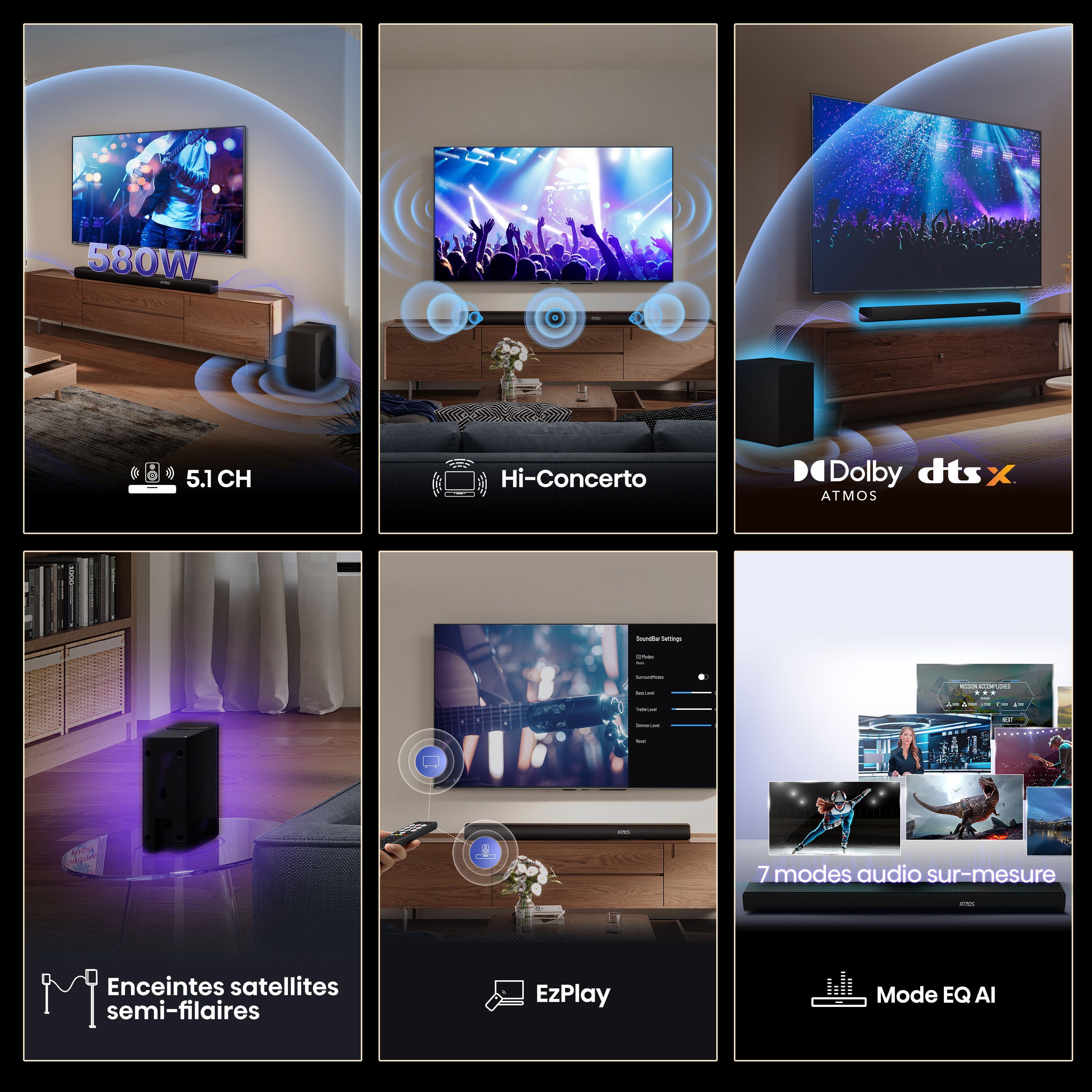 Barre de son - HISENSE - AX5100Q - 5.1.2 Canaux - Dolby Atmos & DTS:X - 340W - Caisson et enceintes arriere sans fil