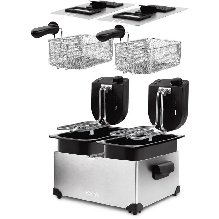 Hkoenig DFX600 - Double bin fryer 2x3l - 3600W - 2 Independent thermostats - Removable baskets - Anti -Olowers - Steel filters - Steel