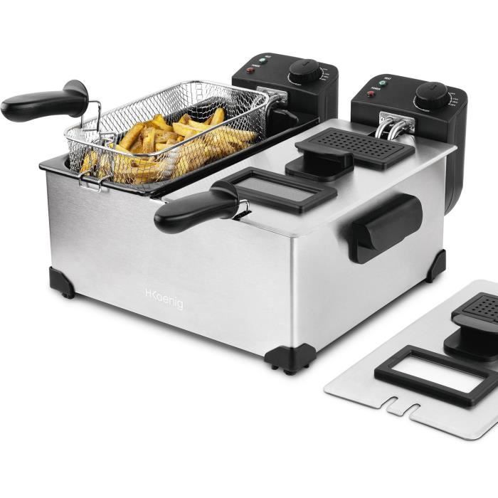 Hkoenig DFX600 - Double bin fryer 2x3l - 3600W - 2 Independent thermostats - Removable baskets - Anti -Olowers - Steel filters - Steel