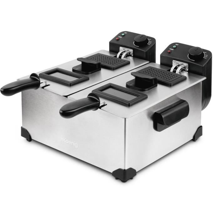 Hkoenig DFX600 - Double bin fryer 2x3l - 3600W - 2 Independent thermostats - Removable baskets - Anti -Olowers - Steel filters - Steel