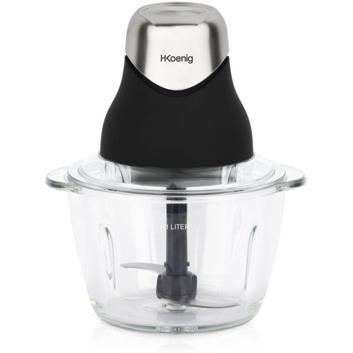 Mini electric chopper - H.Koenig - LEO8 - 320 W - 1 L glass bowl - Stainless steel blades - Matt black and chrome
