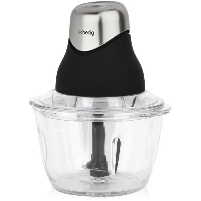 Mini electric chopper - H.Koenig - LEO8 - 320 W - 1 L glass bowl - Stainless steel blades - Matt black and chrome