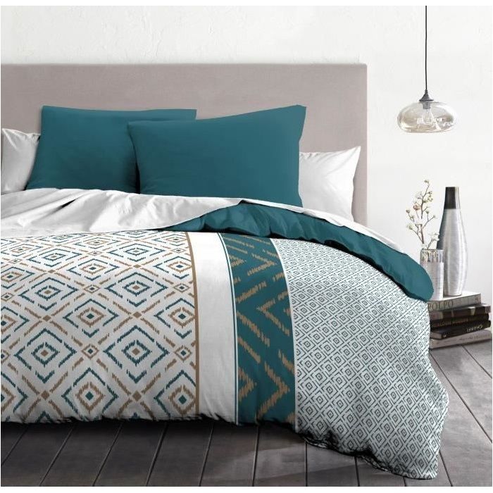 Ethno microfiber duvet set - 1 duvet cover 240x260 cm + 2 pillowcases 63x63 cm - Duck blue - Home Linen Passion