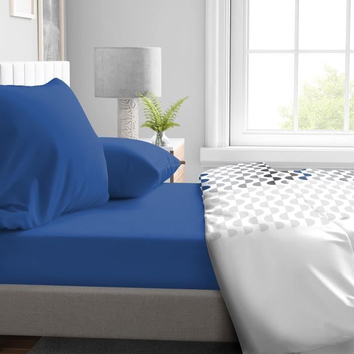 Fitted sheet - HOME LINGE PASSION - HP71763 - 90 x 190 cm + 30 cm bonnet - Microfiber - 82 g - Blue