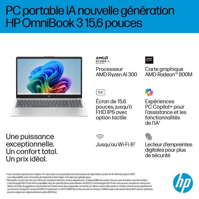 HP Omnibook 3 15-fn0018nf Laptop PC - Windows 11 - 15.6 FHD IPS - Ryzen AI 5 340 - 24GB RAM - 512GB SSD Storage - AZERTY