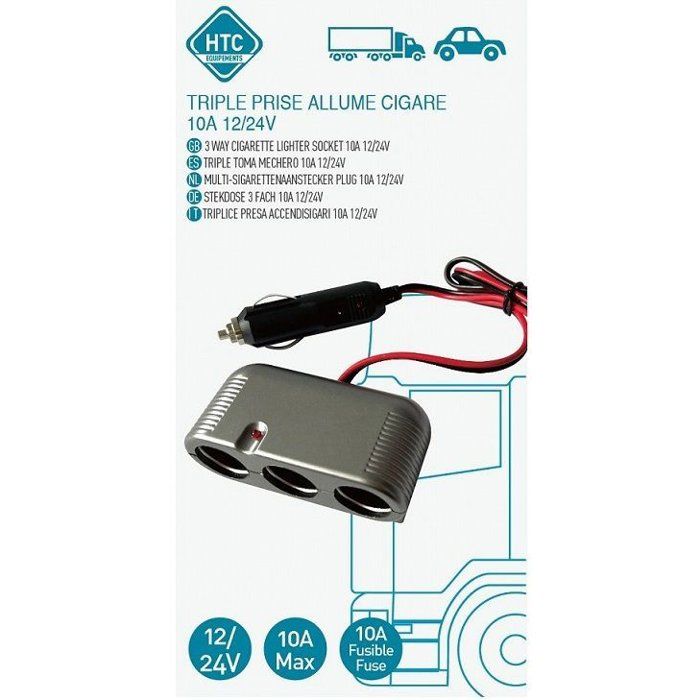 Triple cigarette lighter socket 12/24V - HTC EQUIPEMENT - With Heavy duty socket and 80cm red cable