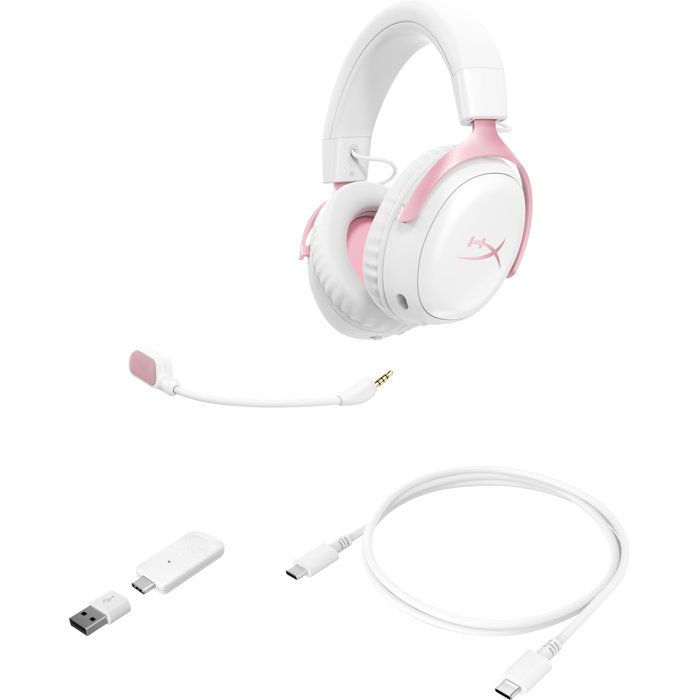 HyperX Cloud III S Wireless Gaming Headset in White & Pink for PC, Mac, PS5, Mobile Devices, and Switch, with USB-C Adapter and USB Cable