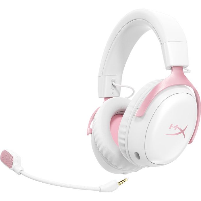 HyperX Cloud III S Wireless Gaming Headset in White & Pink for PC, Mac, PS5, Mobile Devices, and Switch, with USB-C Adapter and USB Cable