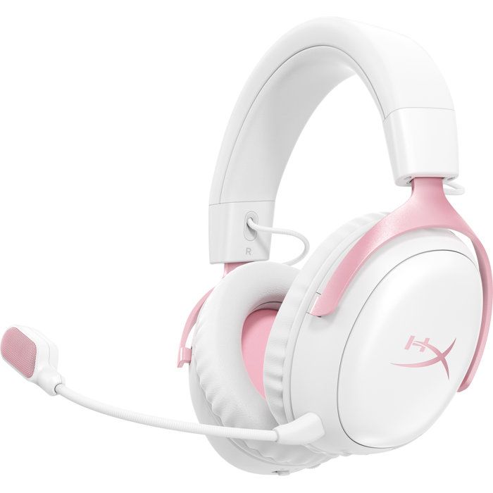 HyperX Cloud III S Wireless Gaming Headset in White & Pink for PC, Mac, PS5, Mobile Devices, and Switch, with USB-C Adapter and USB Cable