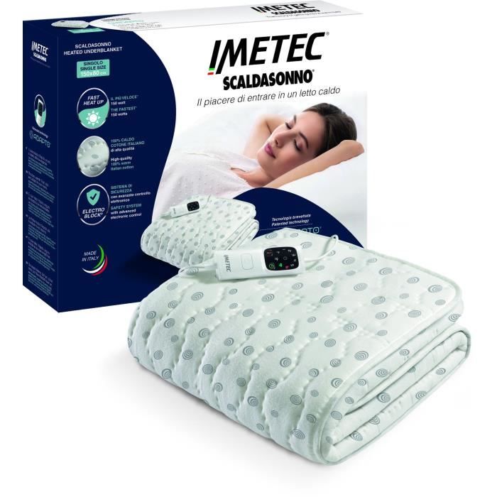 Heated Mattress Topper - Imetec - 1 Place Adapto, 150x80cm - 6 Temperatures - 100% Cotton Rapid Heating - Constant Temperature