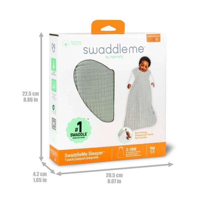 INGENUITY Swaddling Bag, Sage Green Sleeping Bag in Cotton Foam, TOG 1. Adjustable from 3 to 18 months, Oeko-Tex certified
