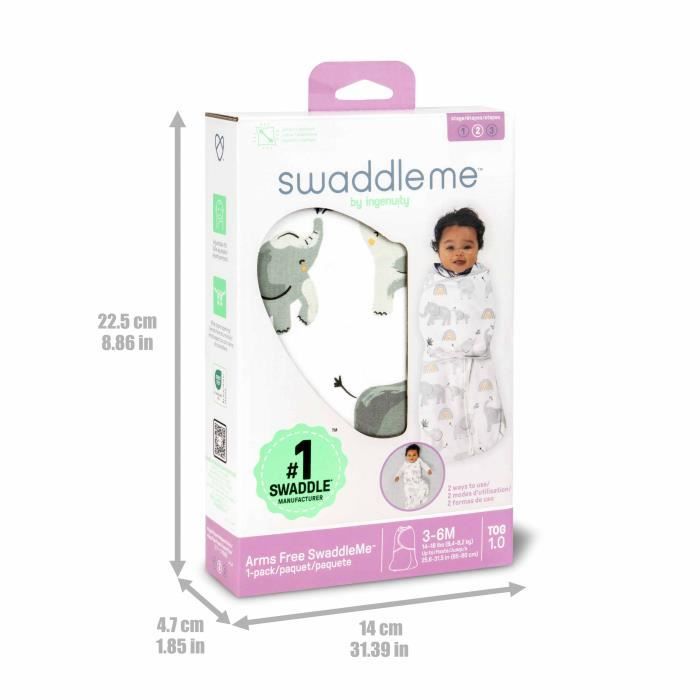 INGENUITY, Swaddling Bag, elephant sleeping bag, for mid-season TOG 1. Adjustable from 3 to 6 months, Oeko-Tex certified