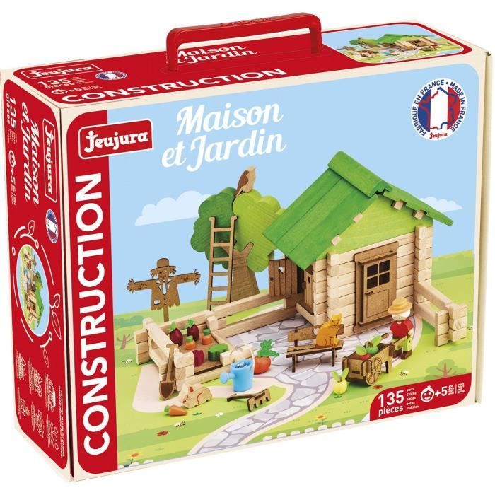 Home and Garden 135 Pieces - JEUJURA - Natural Wooden Construction Game, Mat and Accessories Included, 32x27x11 cm