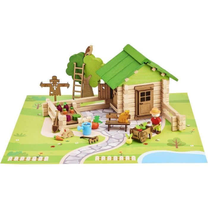 Home and Garden 135 Pieces - JEUJURA - Natural Wooden Construction Game, Mat and Accessories Included, 32x27x11 cm