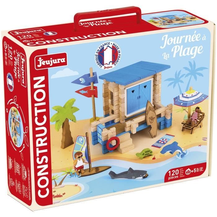 Beach Day 120 Pieces - JEUJURA - Natural Wood Construction Game, Mat and Accessories Included, 32x27x11 cm