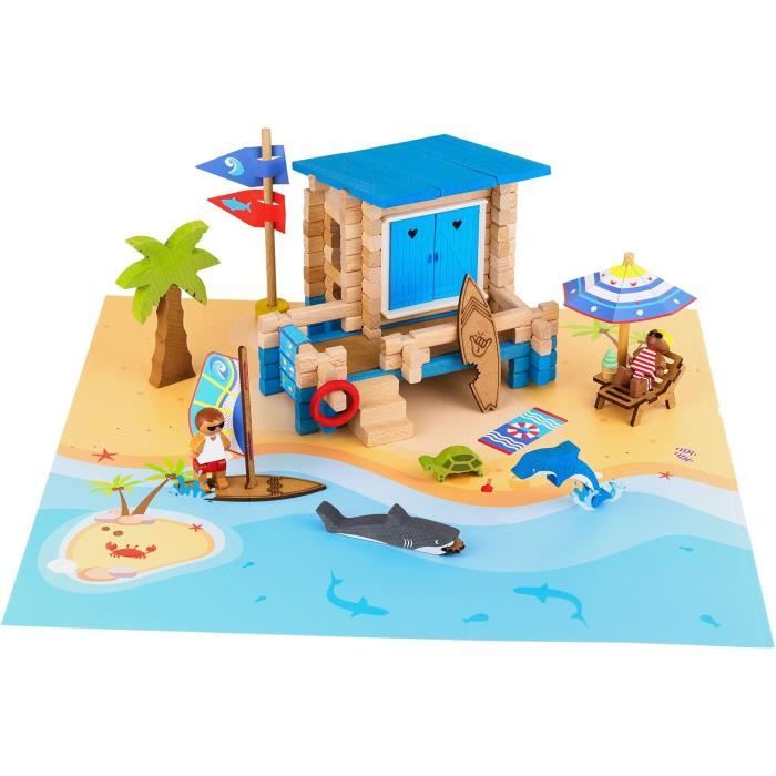 Beach Day 120 Pieces - JEUJURA - Natural Wood Construction Game, Mat and Accessories Included, 32x27x11 cm