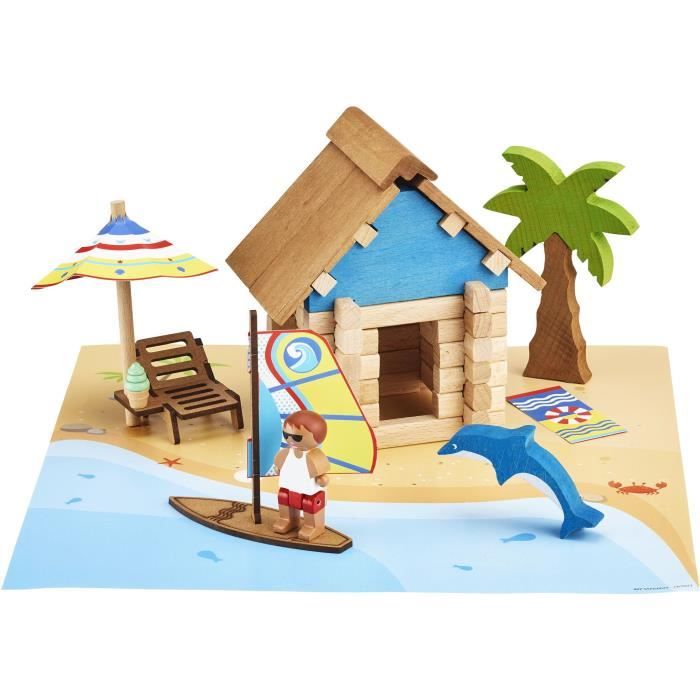 The Beach Hut 55 Pieces - JEUJURA - Natural Wood Construction Game, Mat and Accessories Included, 22x18.5x8.5 cm