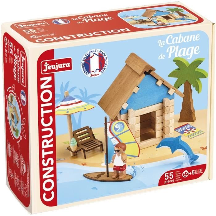 The Beach Hut 55 Pieces - JEUJURA - Natural Wood Construction Game, Mat and Accessories Included, 22x18.5x8.5 cm