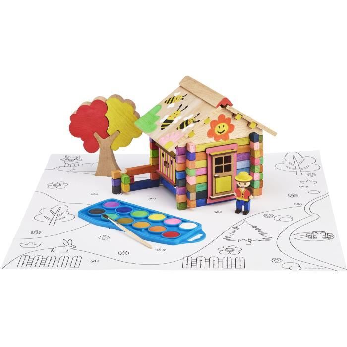 Chalet to Paint 85 Pieces - JEUJURA - Natural Wood Construction Game, Accessories and Paint Included, 26x24x9 cm
