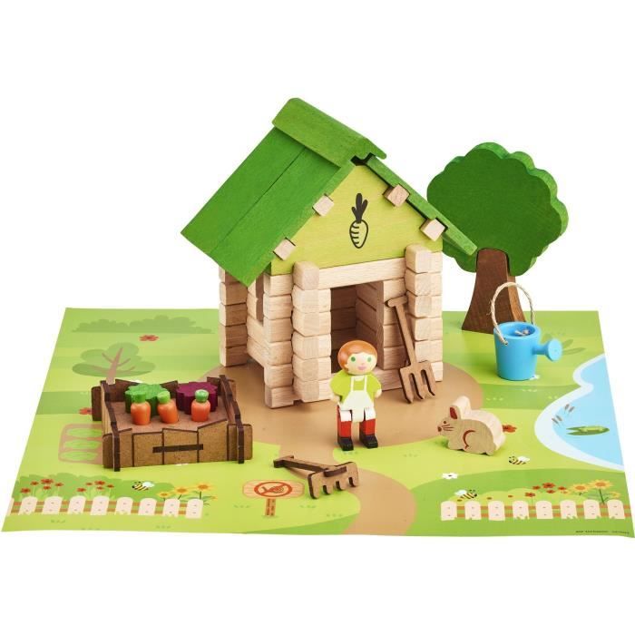 The Gardener's Hut 60 Pieces - JEUJURA - Natural Wood Construction Game, Mat and Accessories Included, 22x18.5x8.5 cm