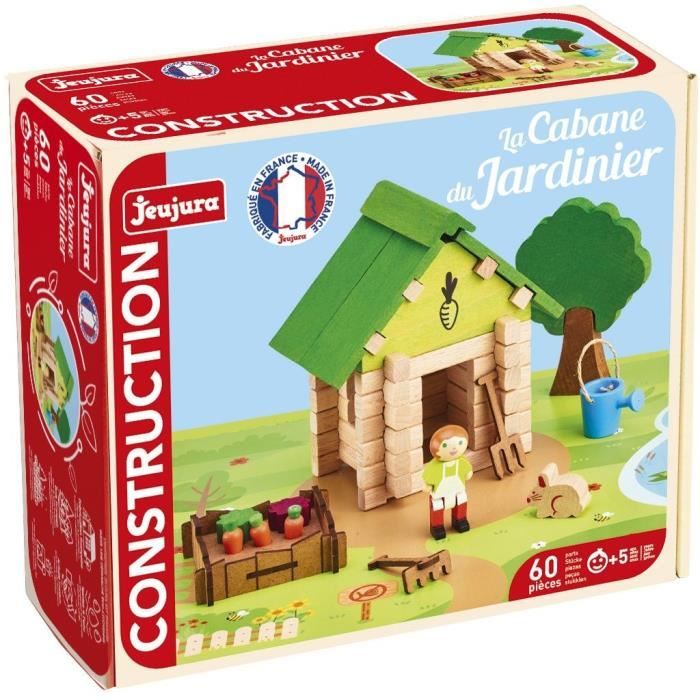 The Gardener's Hut 60 Pieces - JEUJURA - Natural Wood Construction Game, Mat and Accessories Included, 22x18.5x8.5 cm