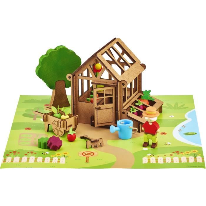 The Gardener's Greenhouse 40 Pieces - JEUJURA - Natural Wood Construction Game, Mat and Accessories Included, 22x18.5x8.5 cm
