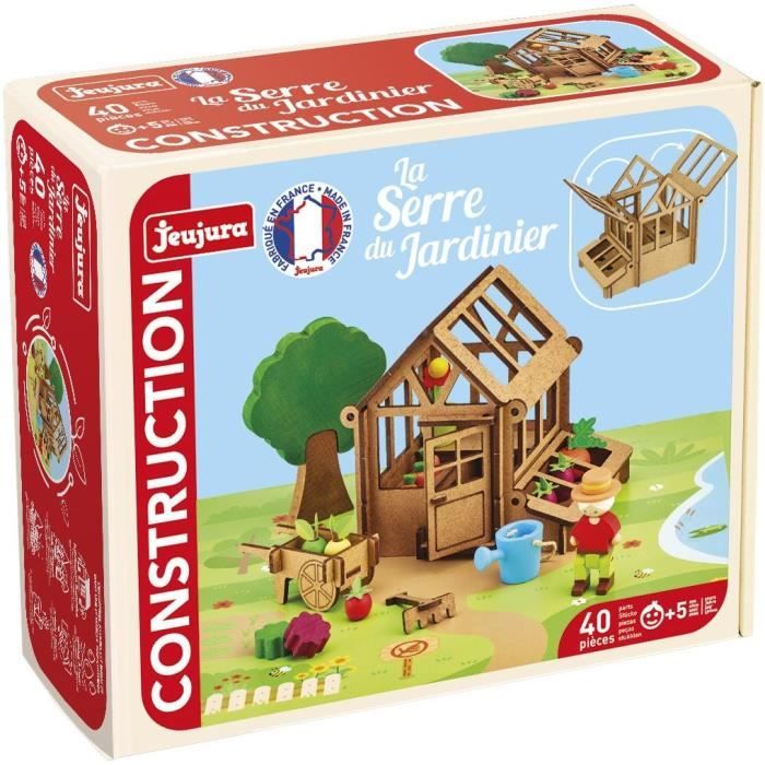 The Gardener's Greenhouse 40 Pieces - JEUJURA - Natural Wood Construction Game, Mat and Accessories Included, 22x18.5x8.5 cm