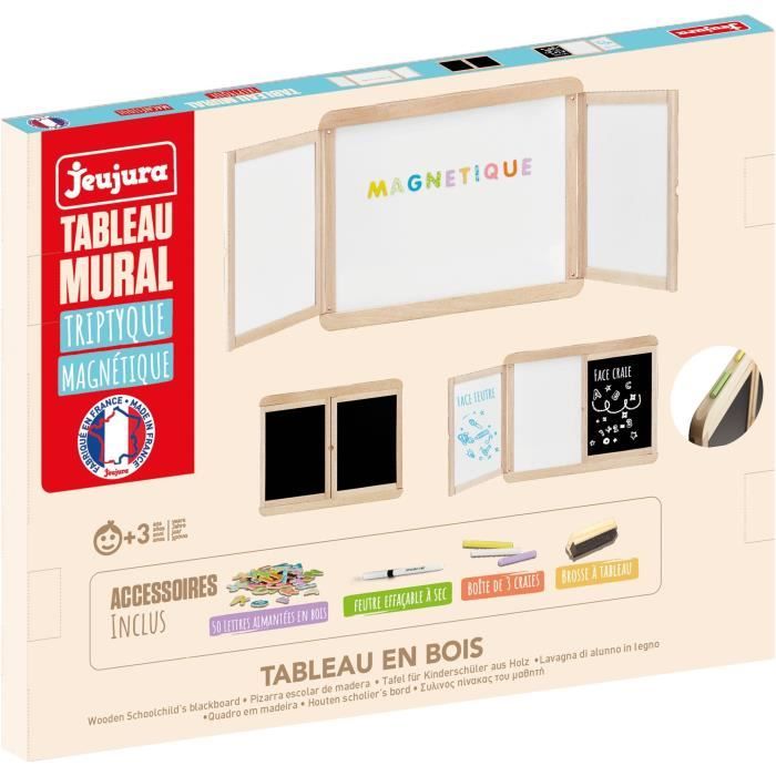 Magnetic triptych wall board - JEUJURA - Magnetic central slate, 2 panels, white and chalk side